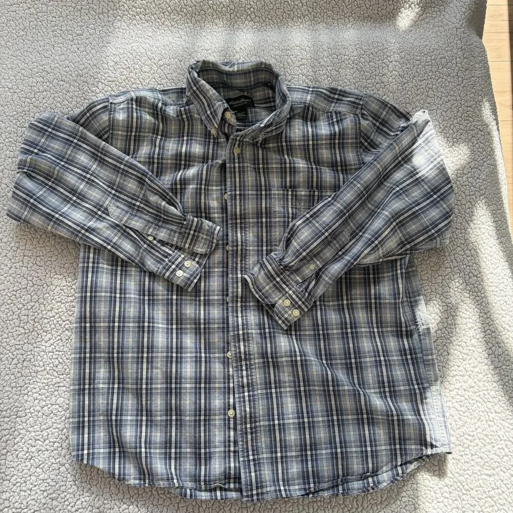 Eddie Bauer Mens Relaxed Fit Plaid Button‎ Down Shirt Blue 100% Cotton Size L